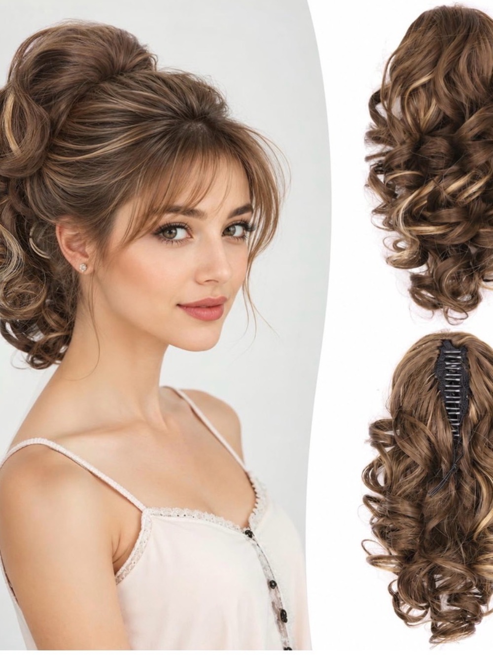 12” Curly Clip-In Ponytail Extension Synthetic Chestnut Brown Golden Highlights
